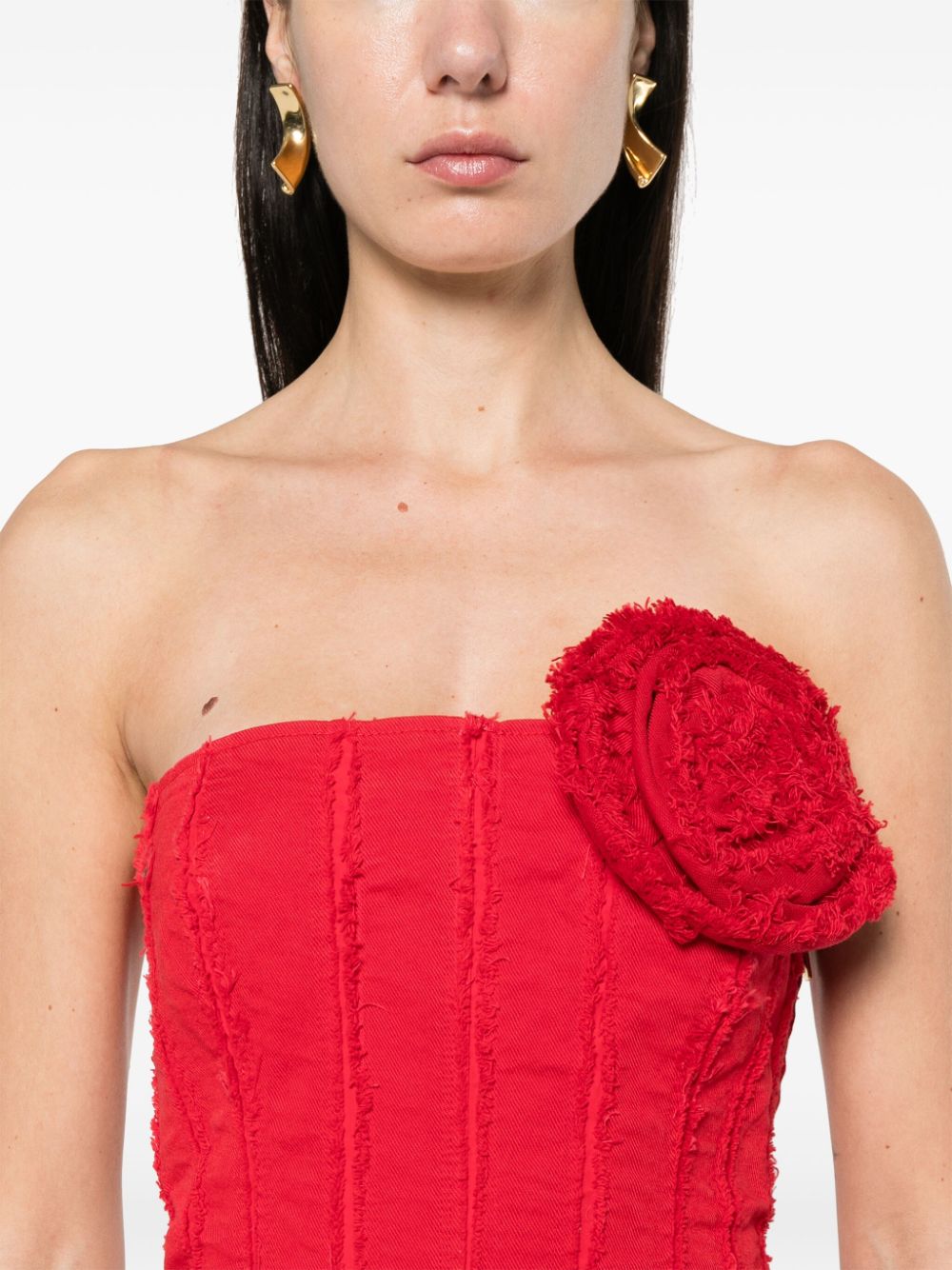 Shop Blumarine Strapless Denim Mini Dress In Red