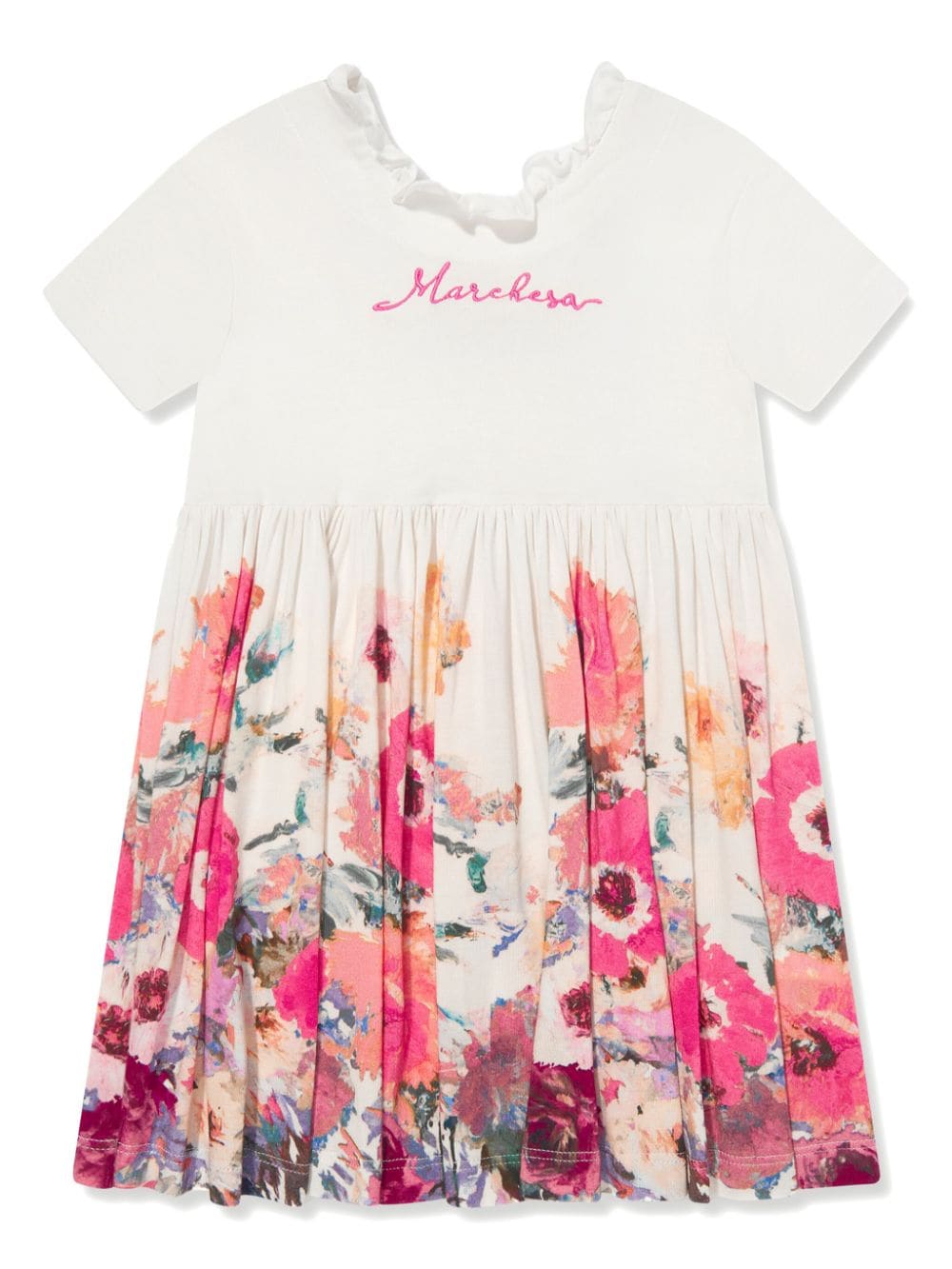 MARCHESA KIDS COUTURE logo-embroidered floral dress - Bianco