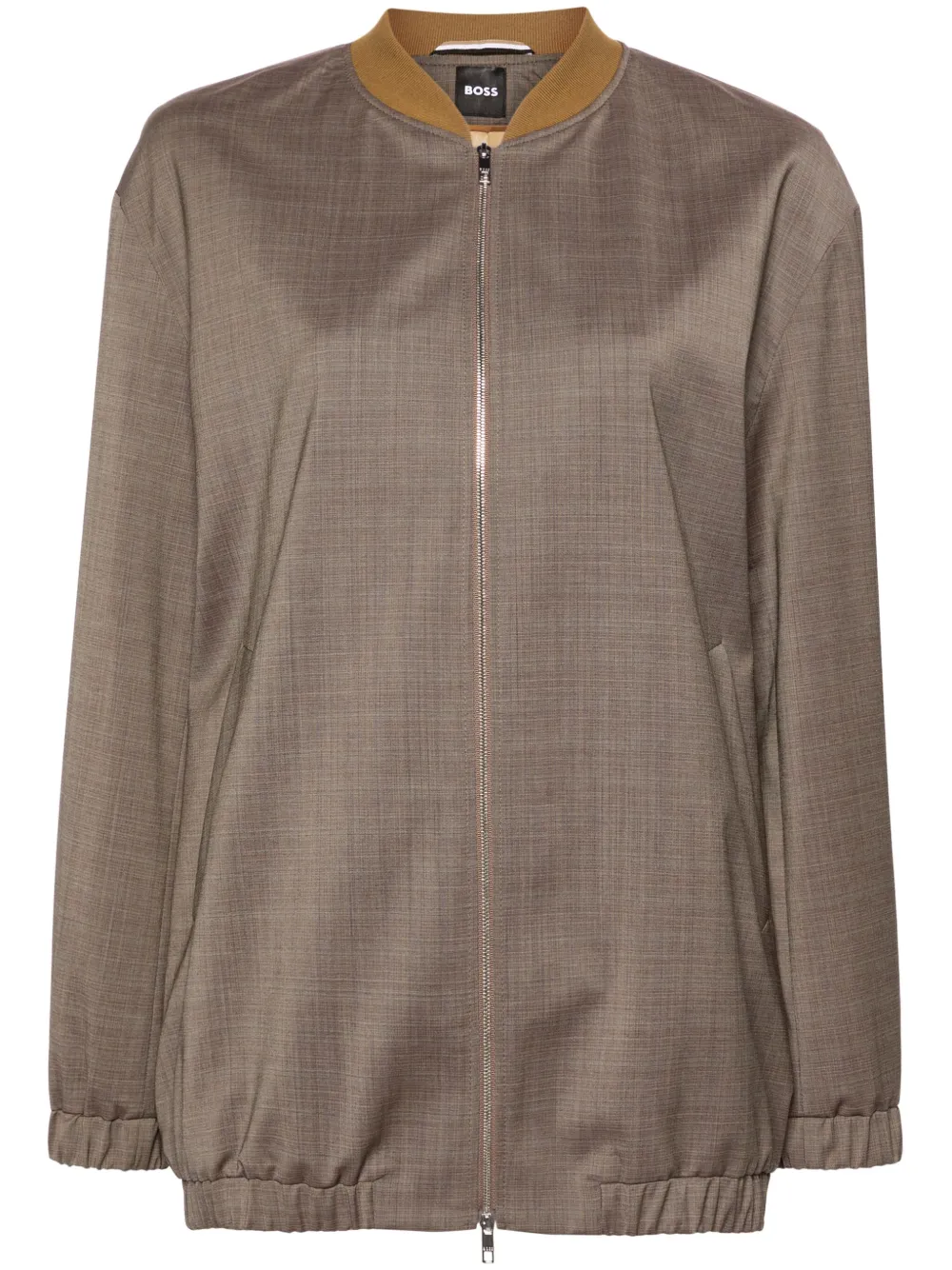 Hugo Boss Zip-up Jacket In Melange Virgin Wool In Brown