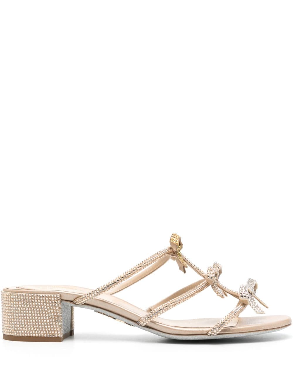 René Caovilla Caterina Bow And Crystal-embellished Satin Mules In Neutrals