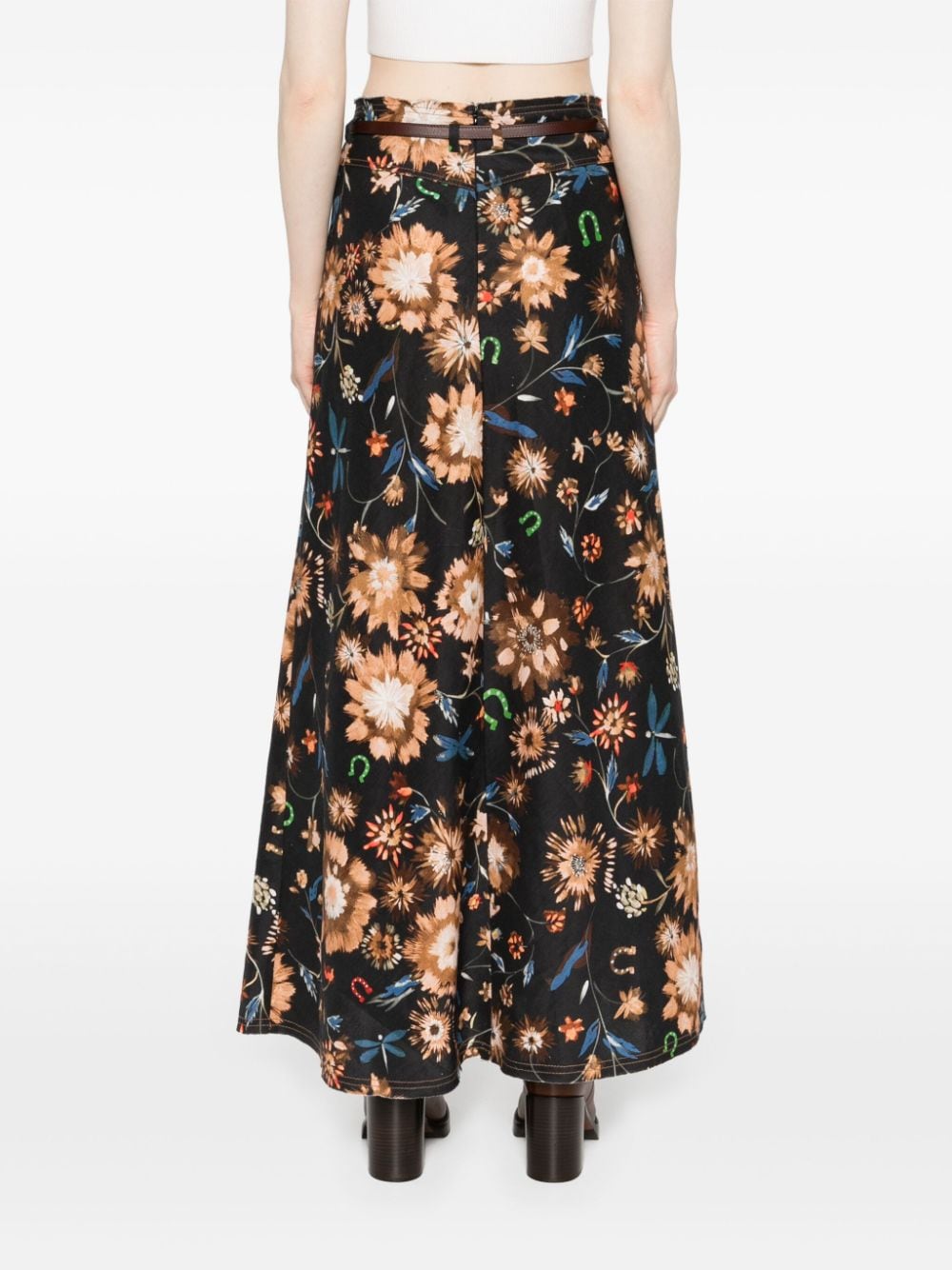 Shop Dorothee Schumacher Floral-print Linen Midi Skirt In Black