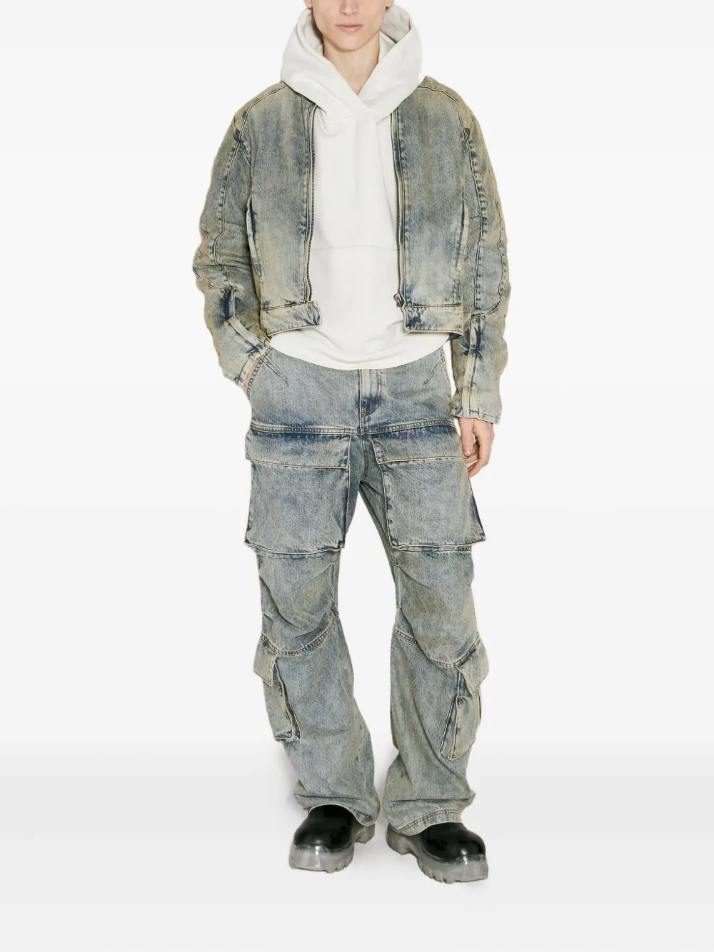 ENTIRE STUDIOS acid-wash panelled denim jacket Blauw
