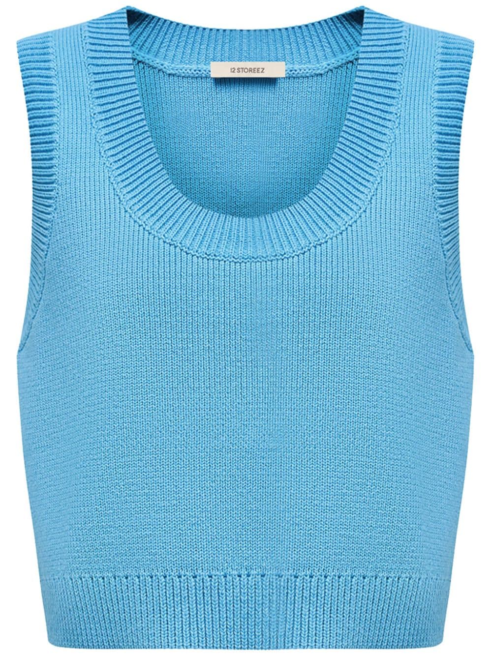 12 Storeez Knitted Cotton Cropped Top In Blue