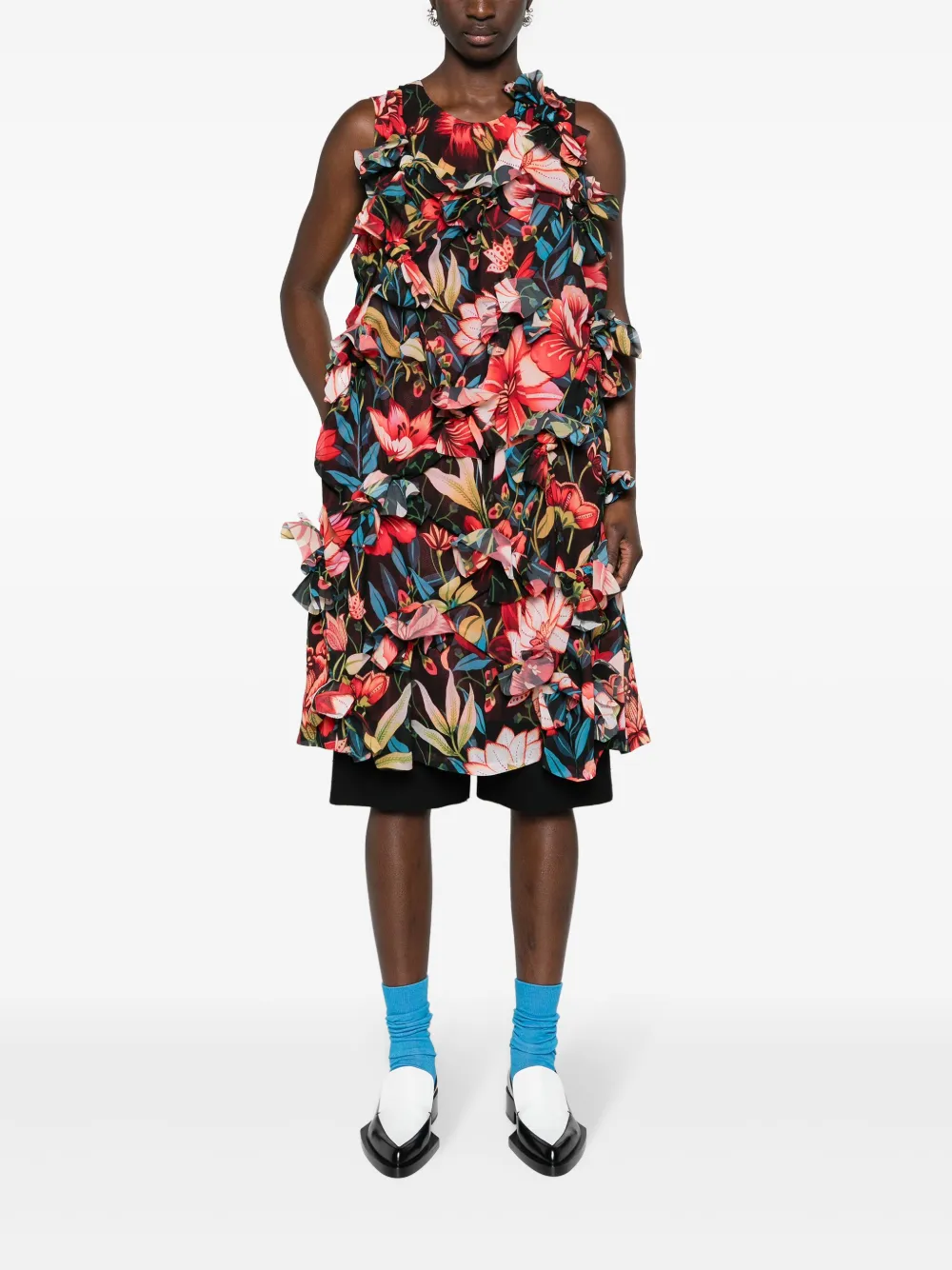 Shop Comme Des Garçons Floral-appliqué Botanical-print Dress In Red