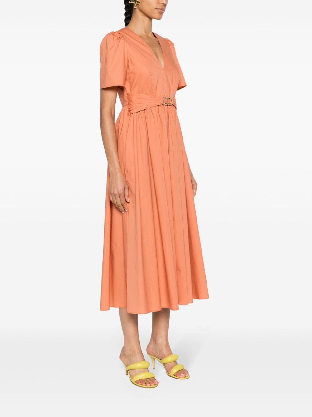 Shop Twinset Belted Poplin Midi Dress In Orange