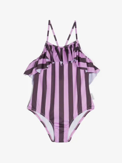 Andorine ruffle-detailed striped swimsuit