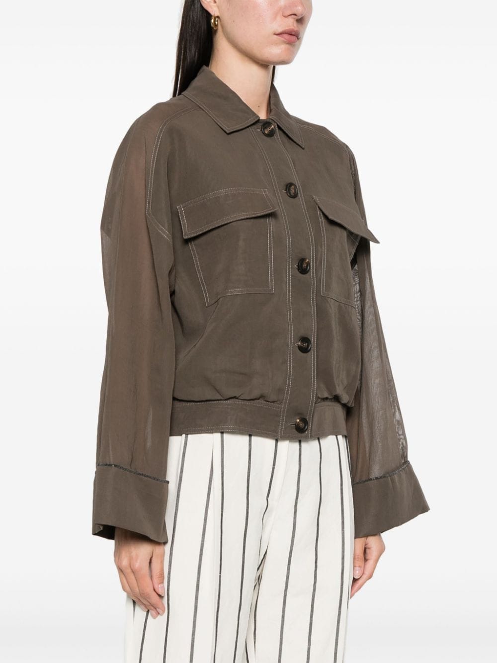 Shop Brunello Cucinelli Monili Chain-detail Semi Sheer-sleeve Jacket In Brown