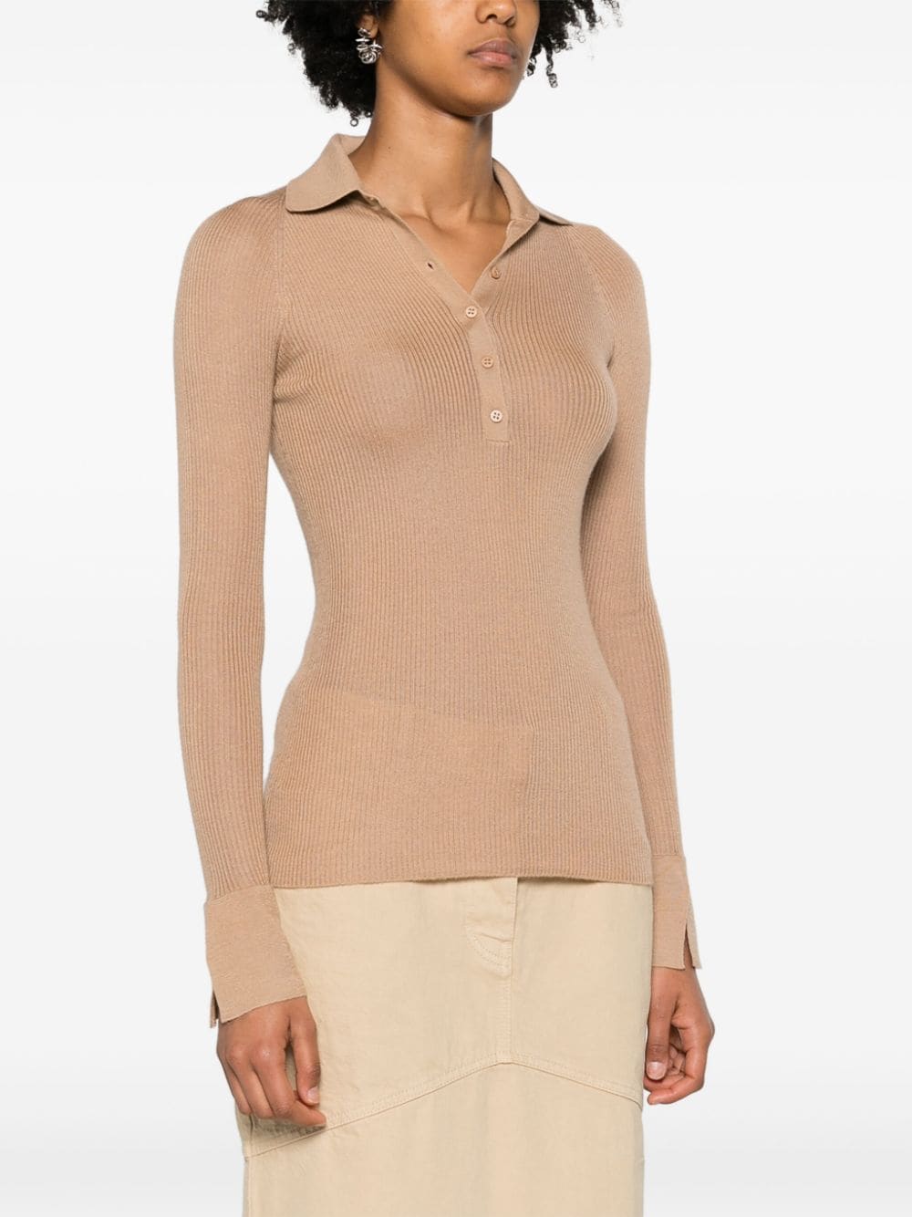 Shop Sa Su Phi Long-sleeve Ribbed-knit Polo Top In Brown