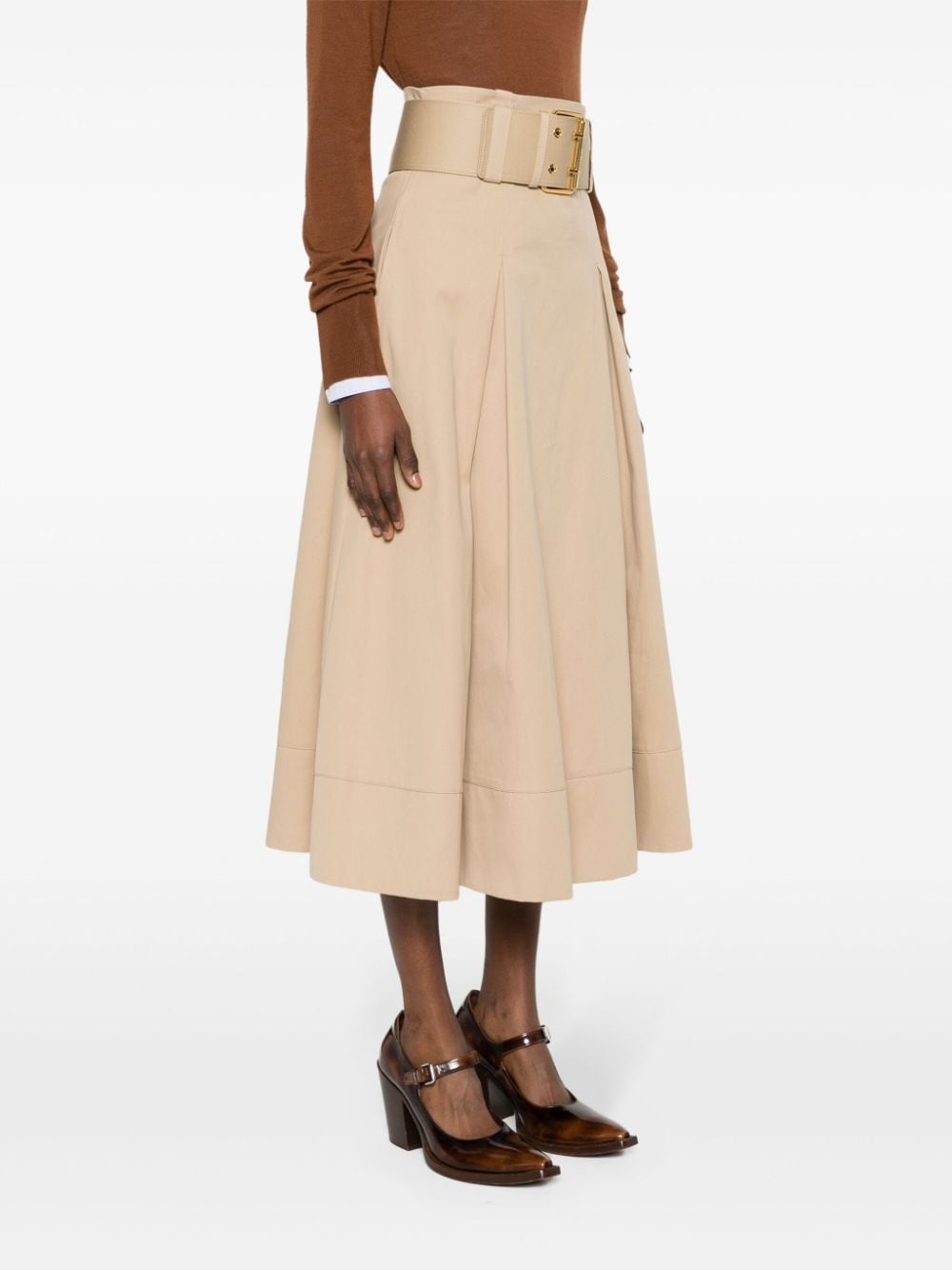 Shop Elisabetta Franchi Pleat-detail Belted Cotton Skirt In Neutrals