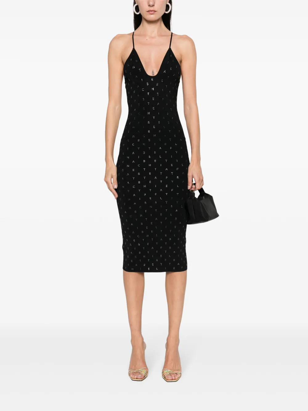 Shop Elisabetta Franchi Rhinestone-logo Midi Dress In Black