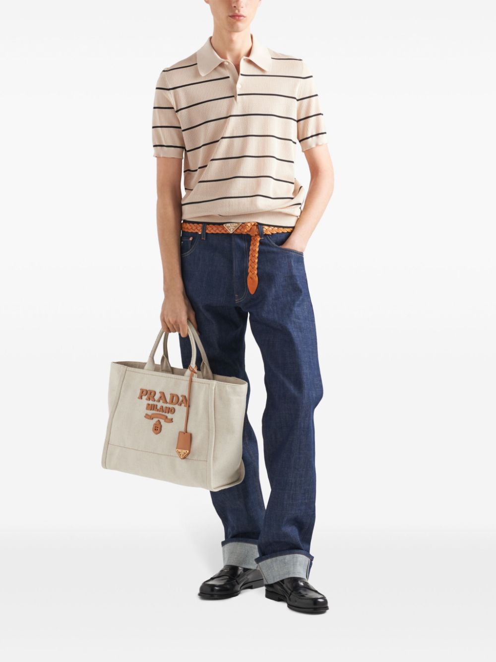 Shop Prada Striped Open-knit Polo Shirt In Neutrals
