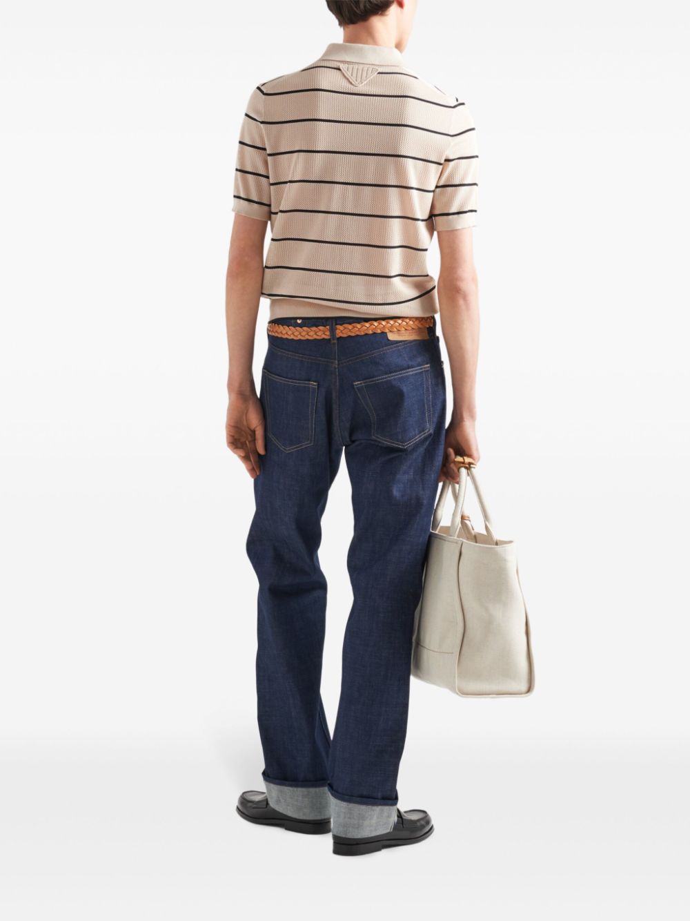 Shop Prada Striped Open-knit Polo Shirt In Neutrals