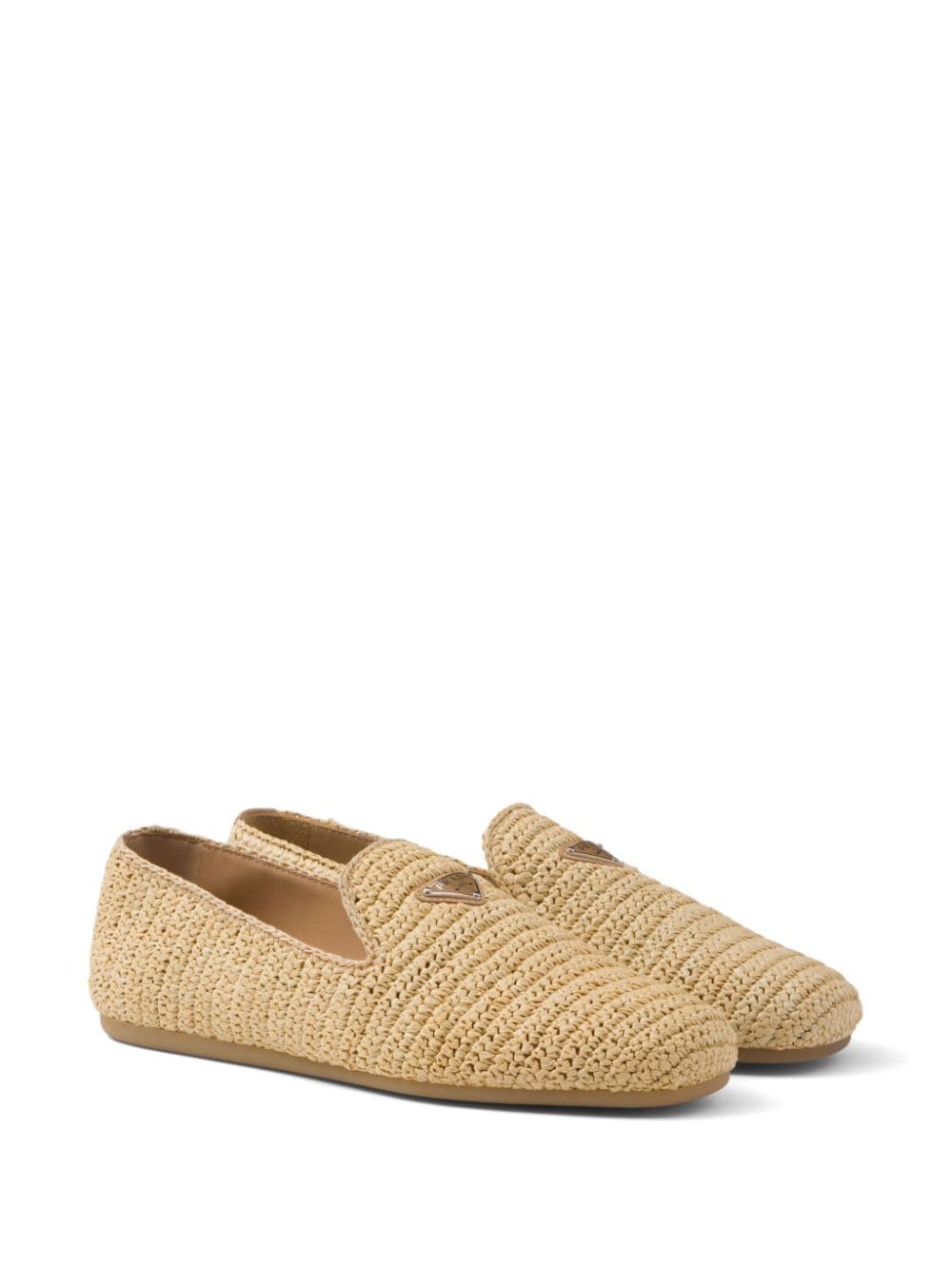 Shop Prada Enamel Triangle-logo Woven Loafers In Neutrals