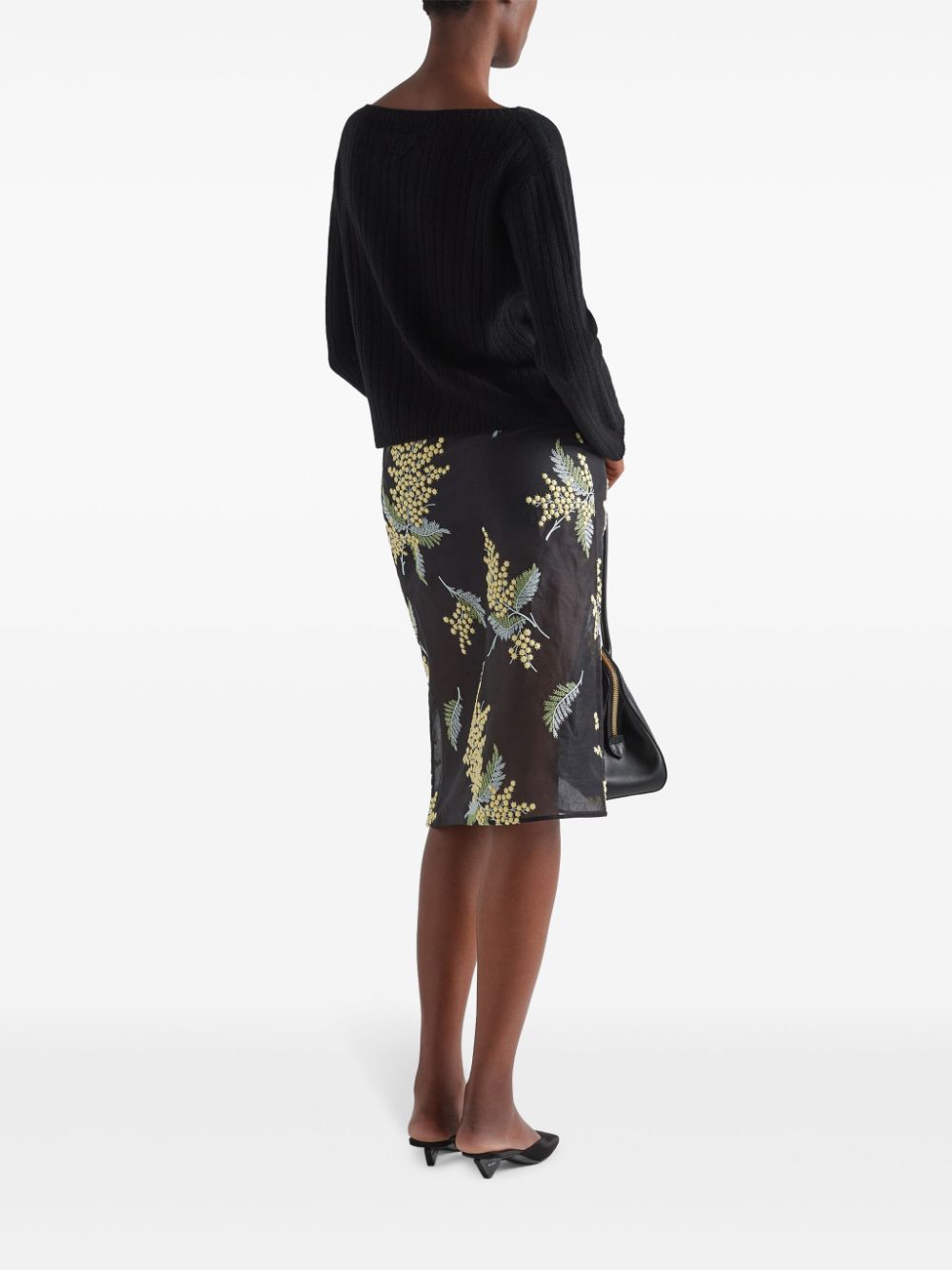 Shop Prada Floral-embroidered Midi Skirt In Black