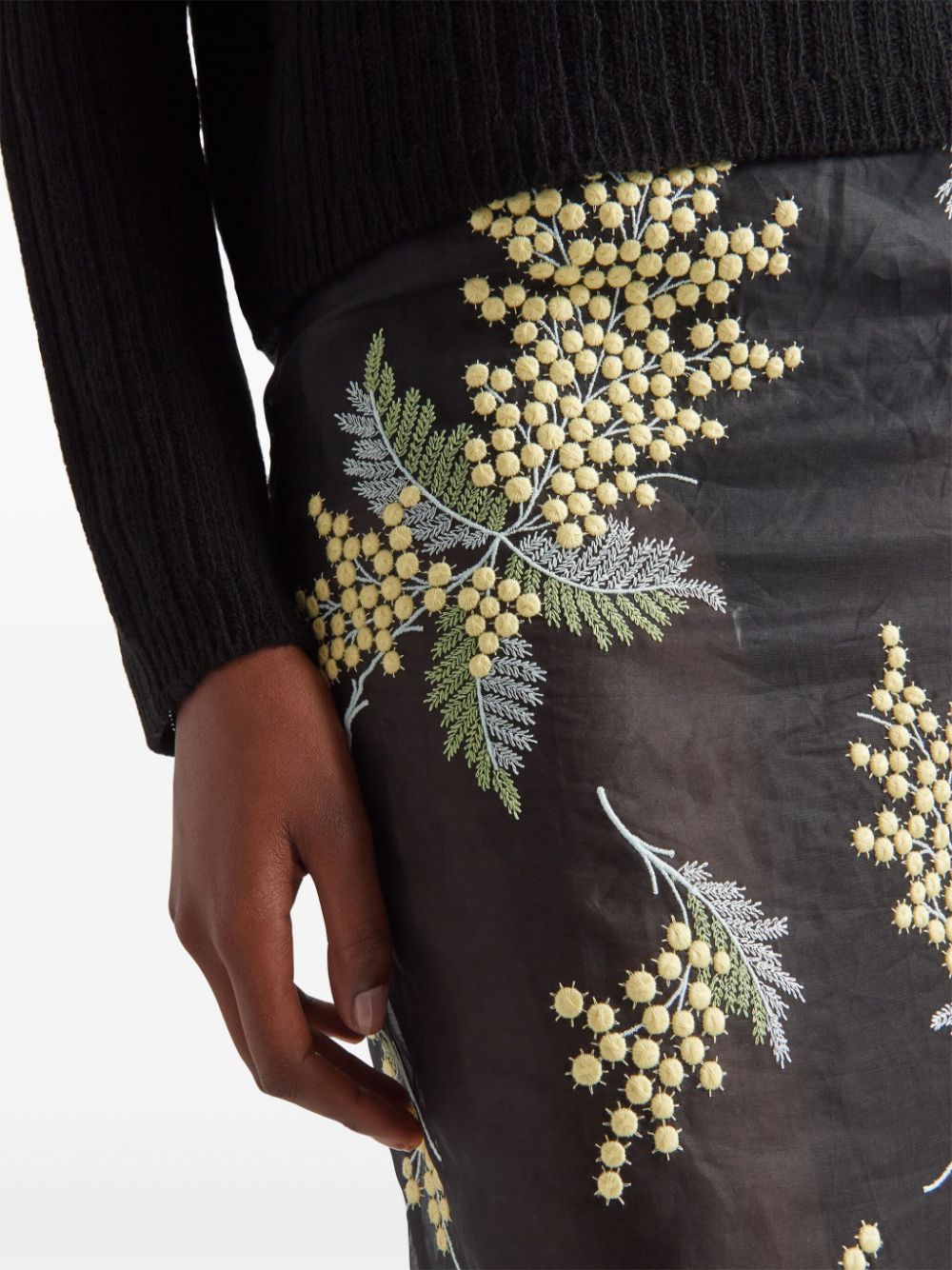 Shop Prada Floral-embroidered Midi Skirt In Black