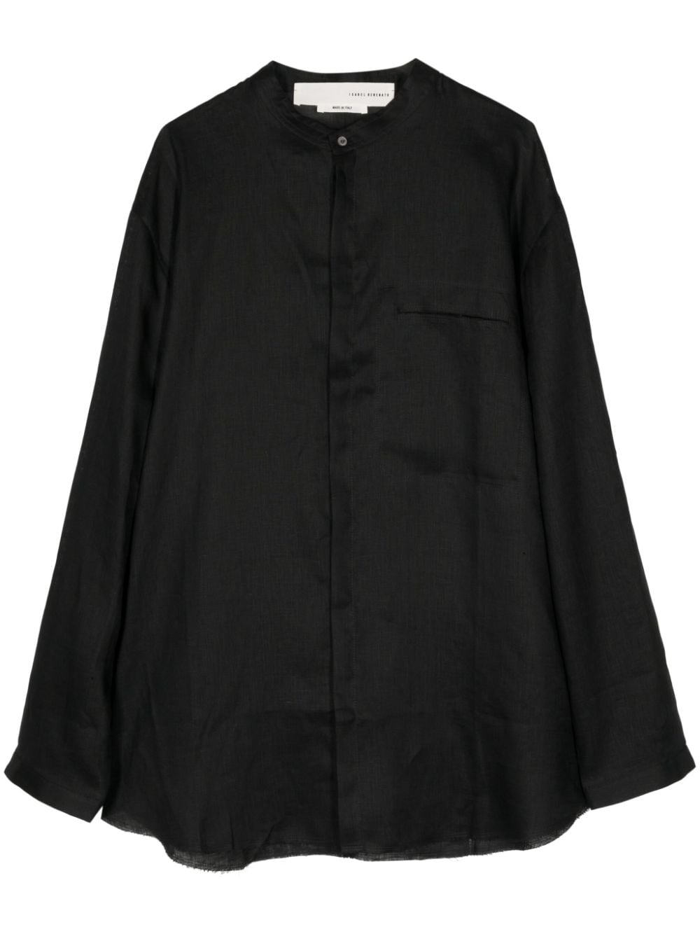 Isabel Benenato Band-collar Linen Shirt In Black