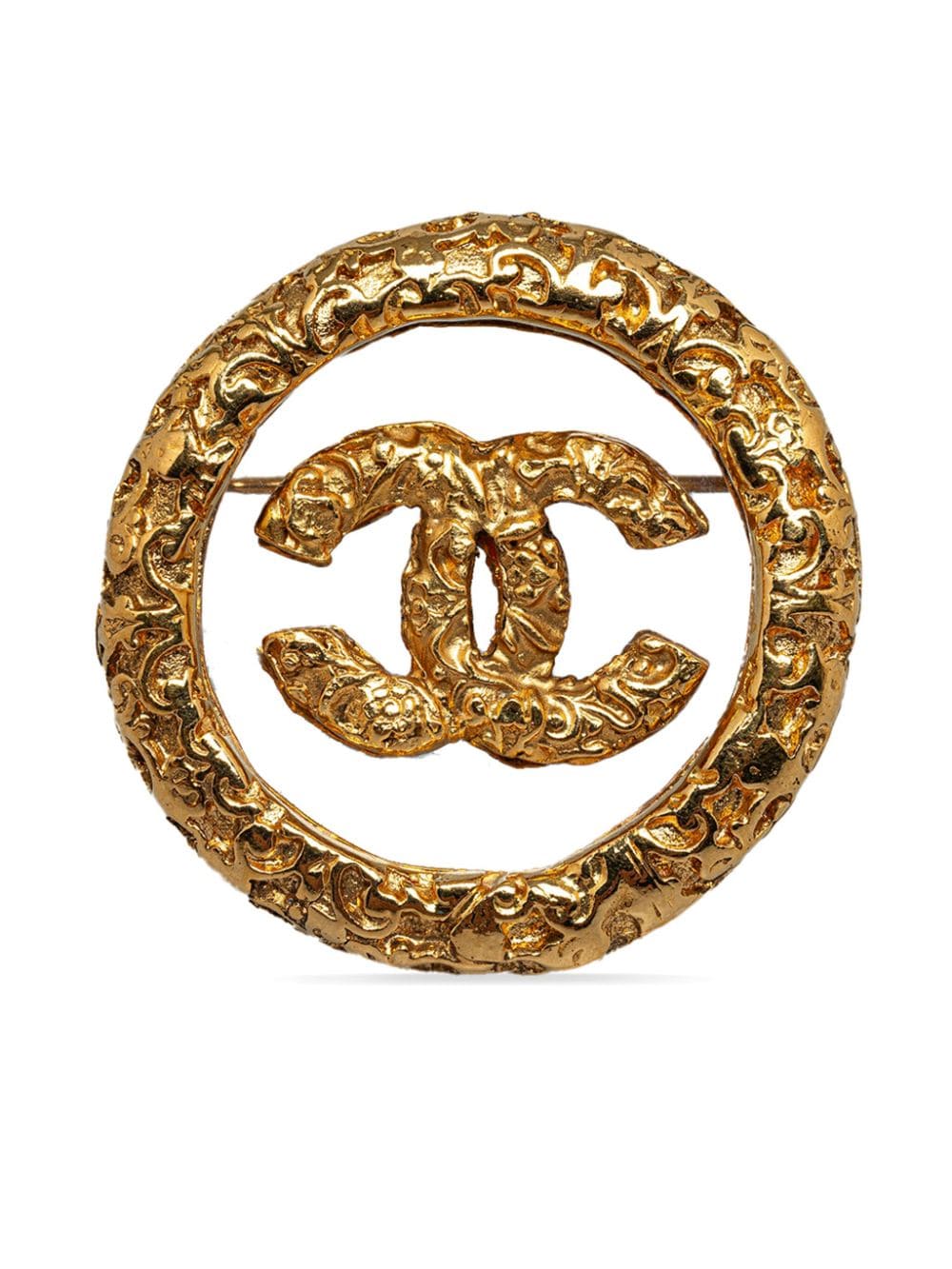 Pre-owned Chanel 1990-2010 Cc Textured Brooch In Gold