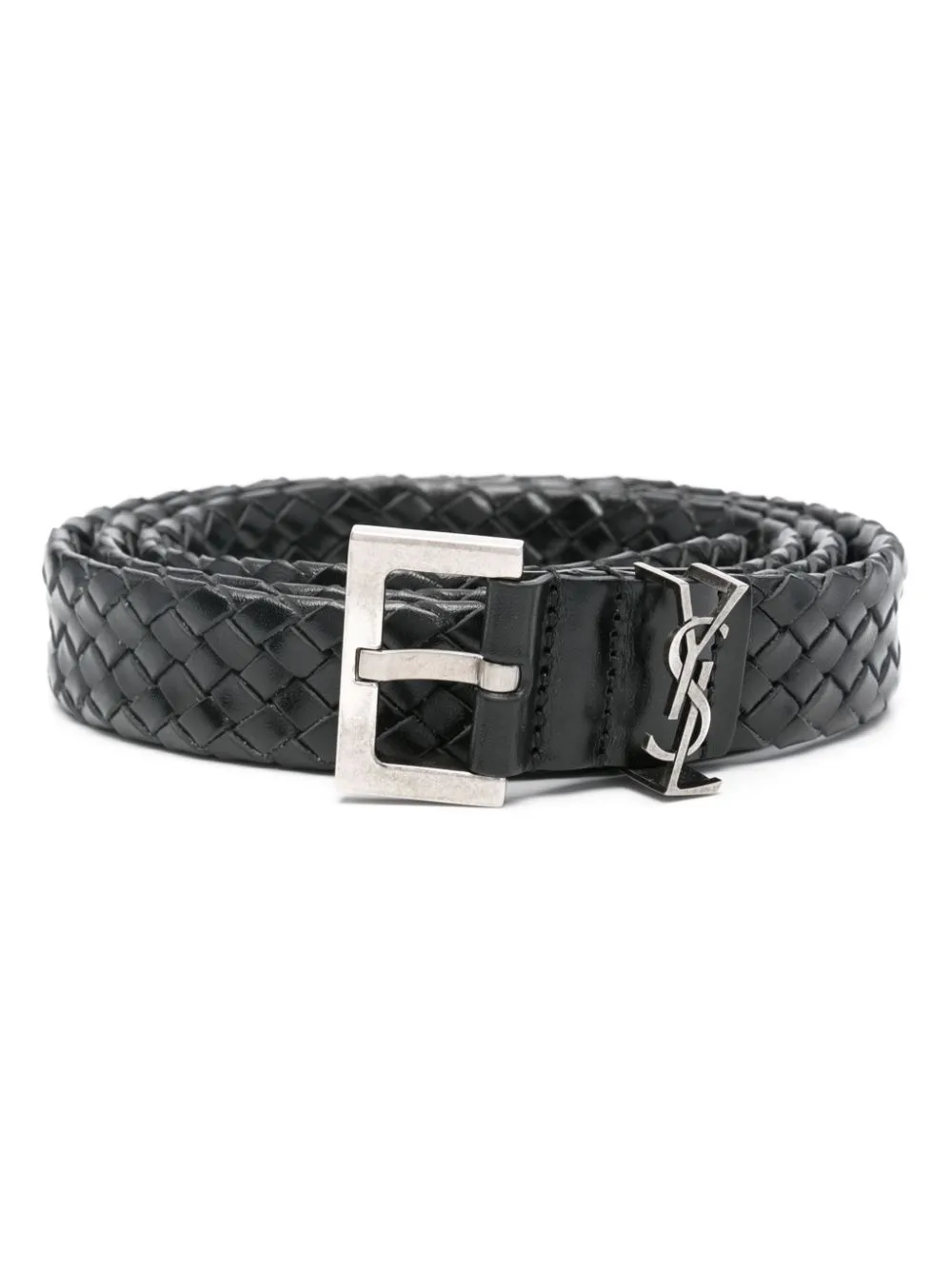 Shop Saint Laurent Cassandre Interwoven Leather Belt In Black