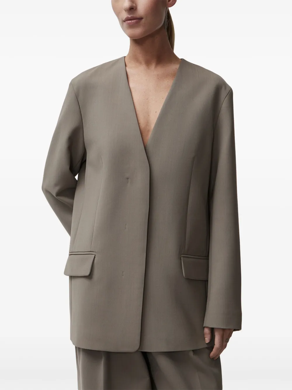 12 Storeez Collarless Single-breasted Blazer In Green