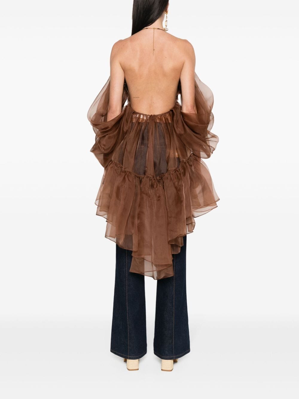 Shop Zimmermann Sheer Silk Ruffled Blouse In Brown