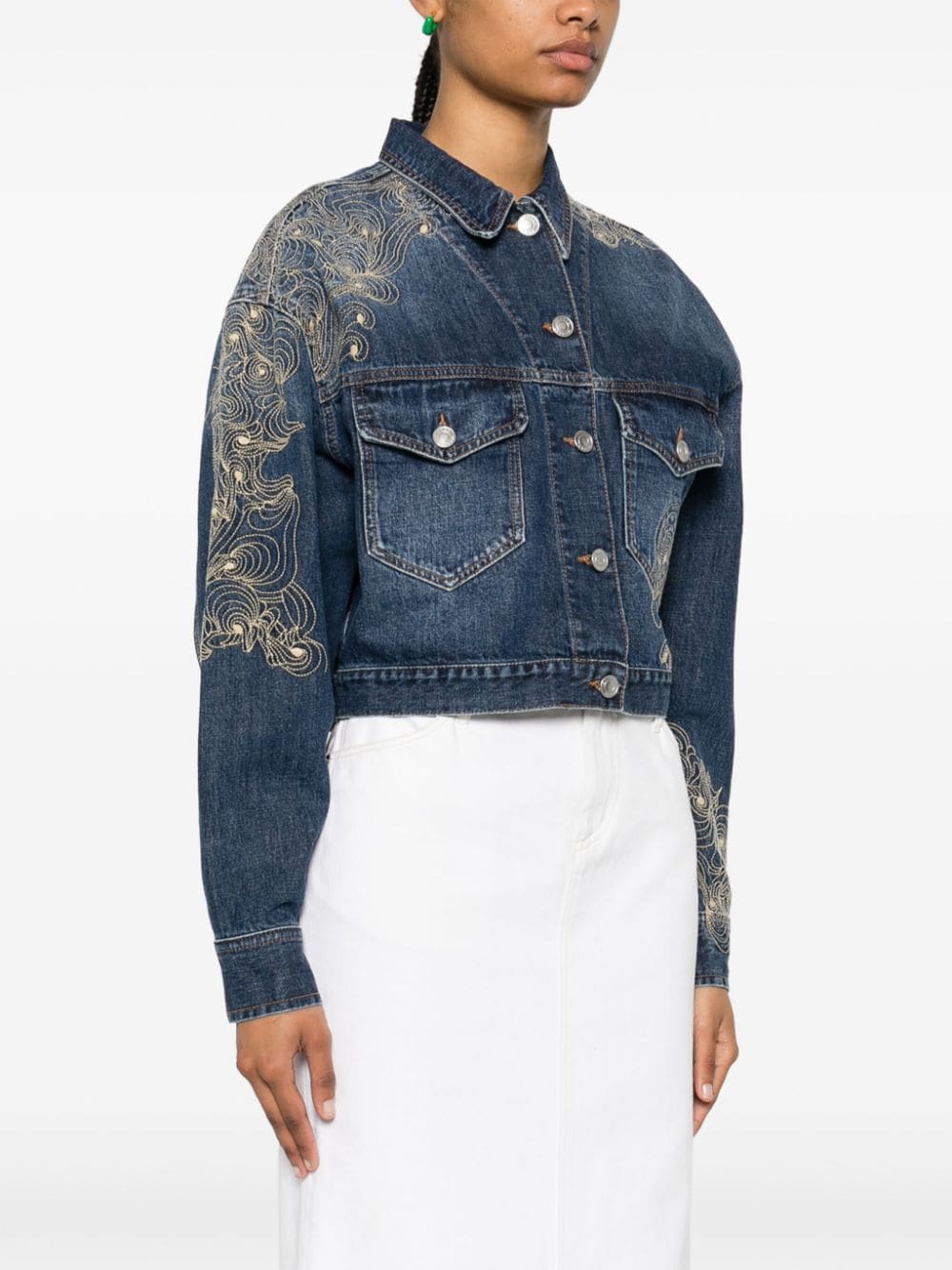 Shop Isabel Marant Embroidered Cropped Denim Jacket In Blue