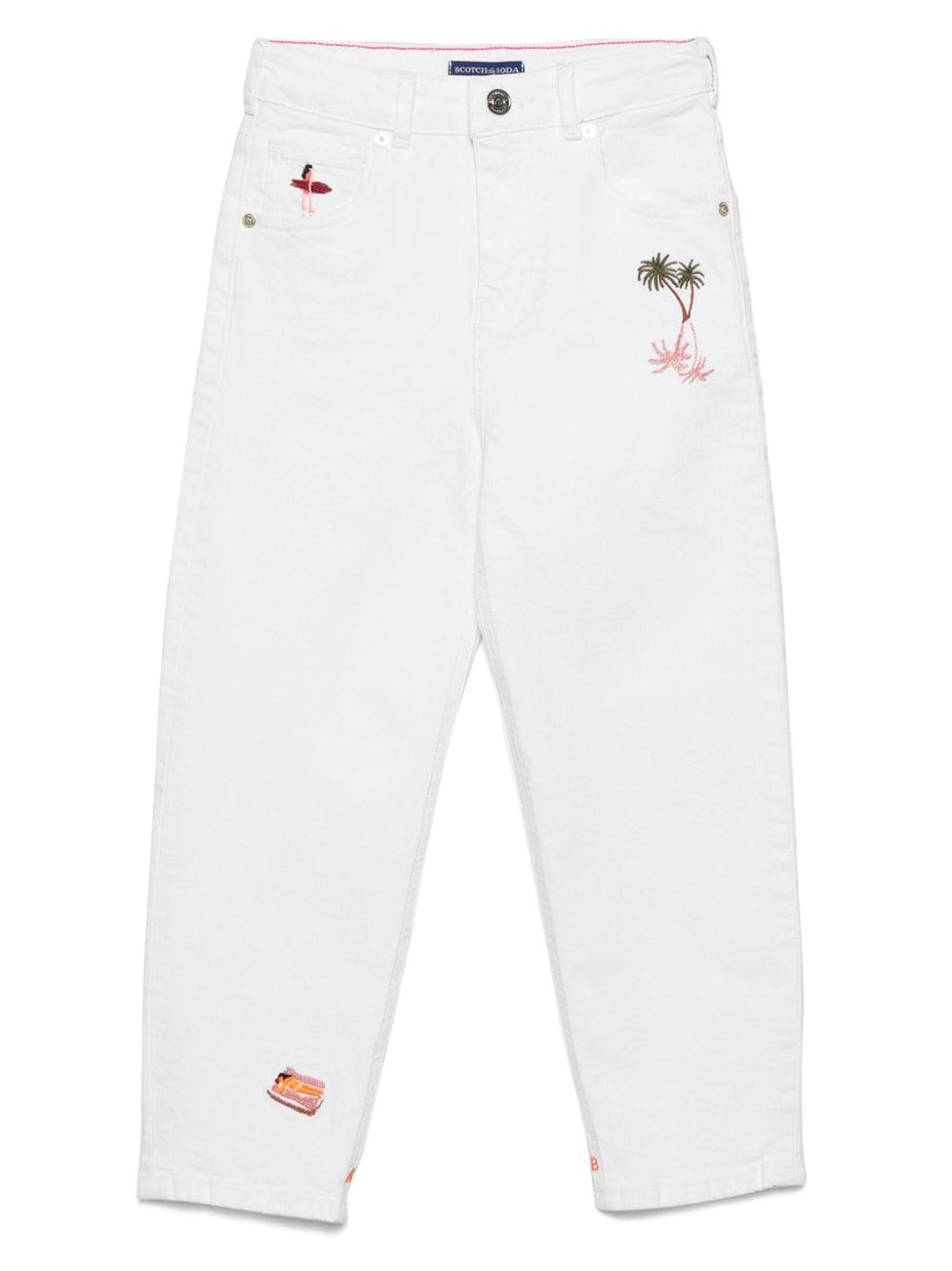 Scotch & Soda Kids' People-embroidered Tapered Jeans In White
