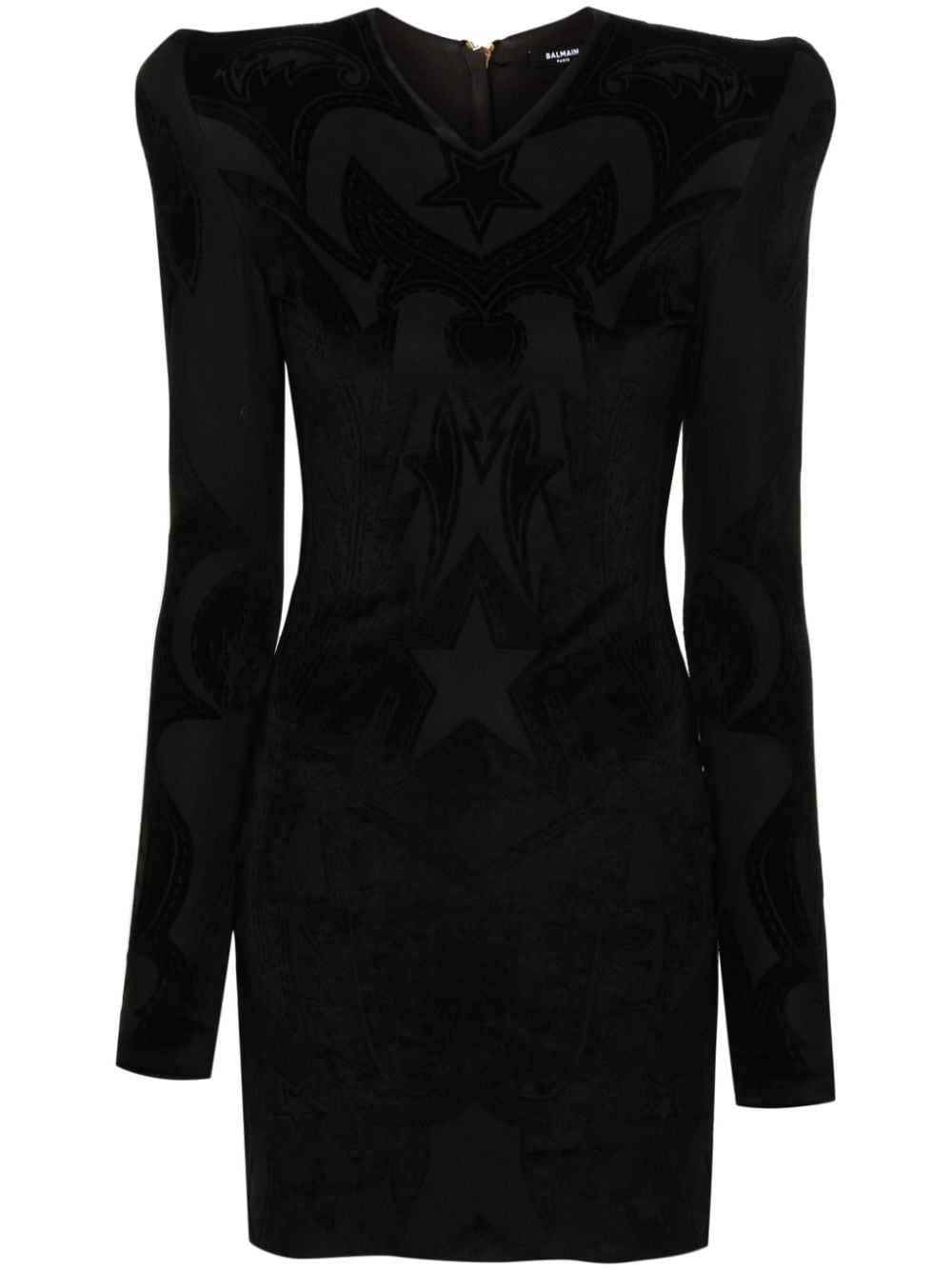 Balmain Flocked Long-sleeve Mini Dress In Black