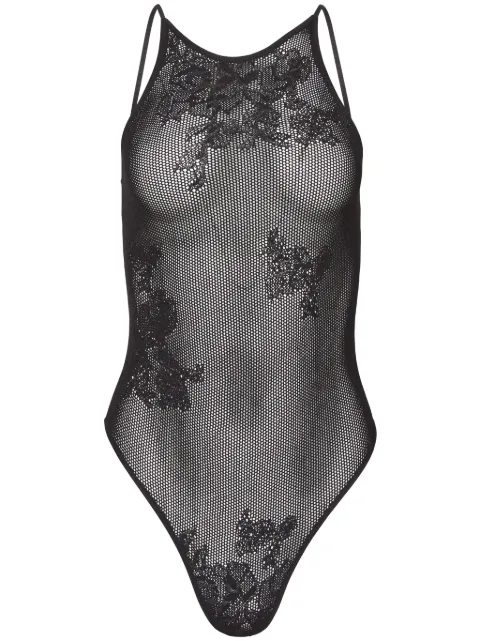 Fleur Du Mal pointelle-knit lace racer bodysuit