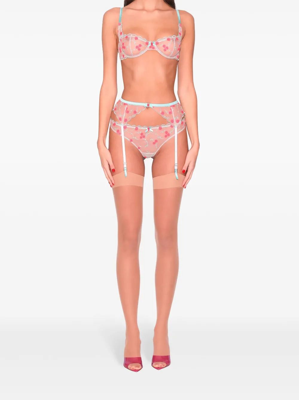 Fleur Du Mal String met geborduurde Rose and Vine Blauw
