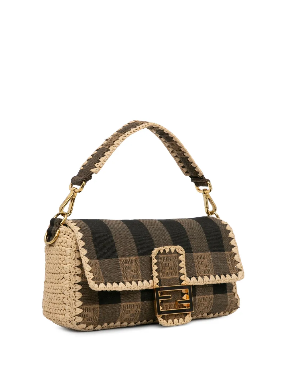 Fendi Pre-Owned 2000-2023 Pre-Owned Fendi Pequin Canvas and Raffia Mamma Baguette Satchel - Bruin