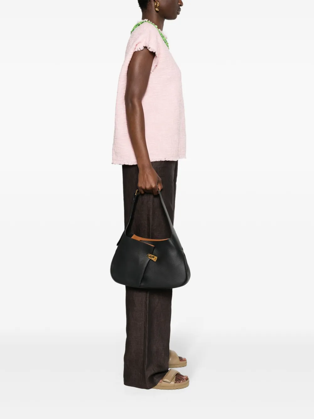 Coccinelle folded-detail leather shoulder bag - Zwart