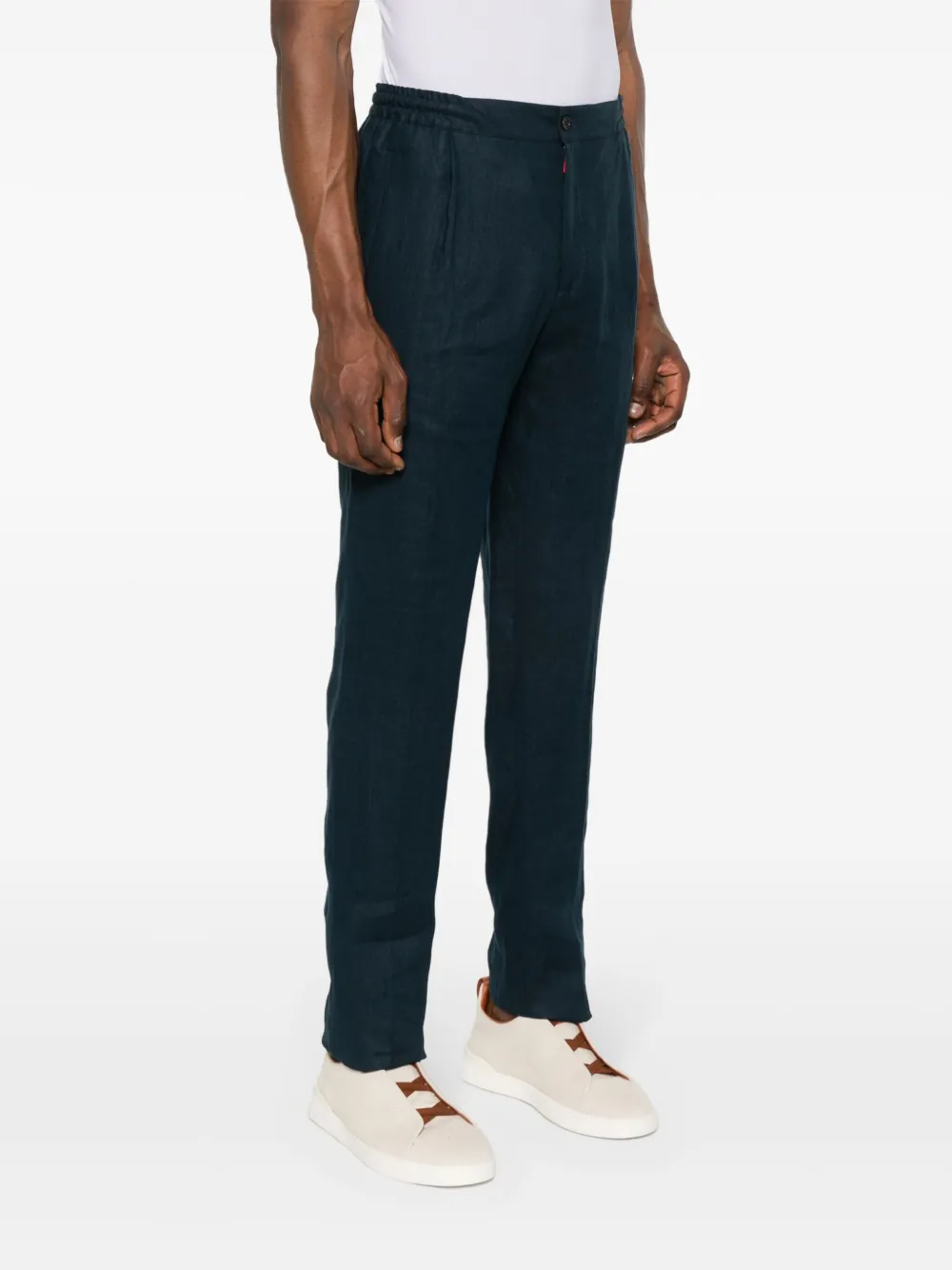 Shop Kiton Linen Tapered Trousers In Blue