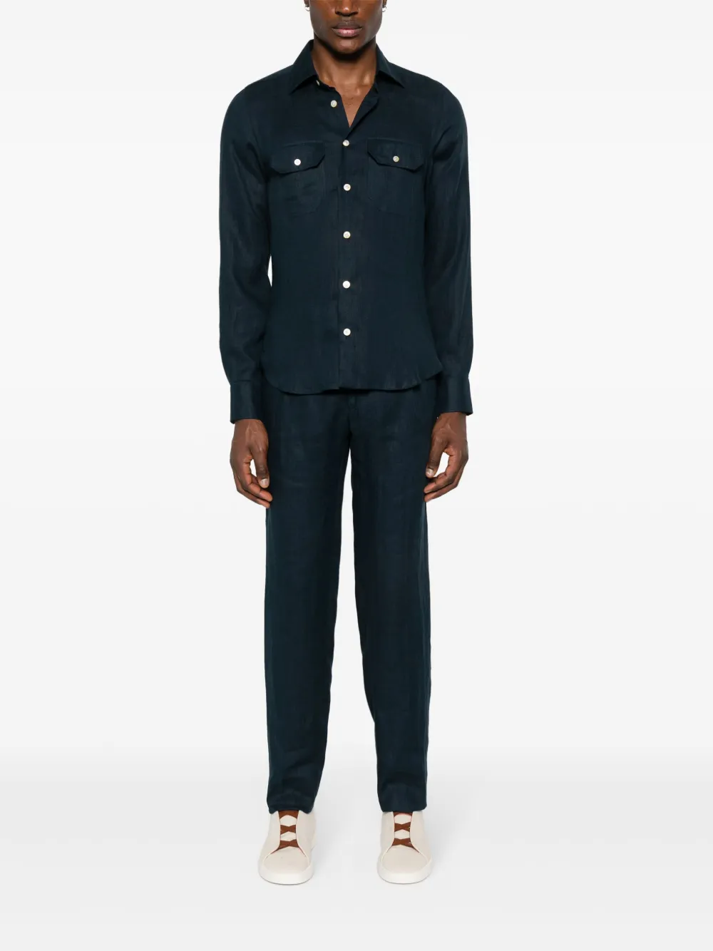 Shop Kiton Linen Tapered Trousers In Blue