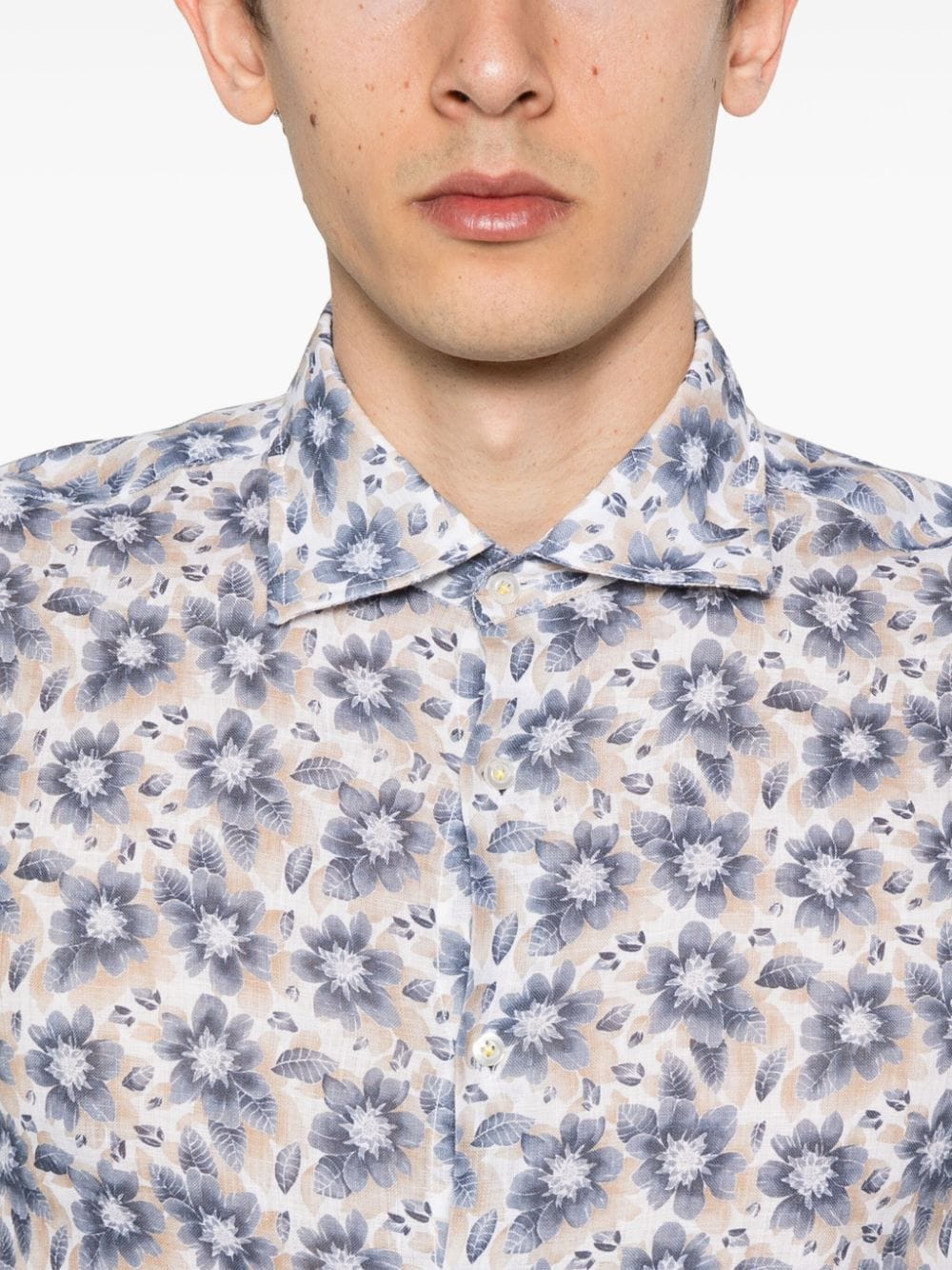 Shop Manuel Ritz Floral-print Linen Shirt In Blue
