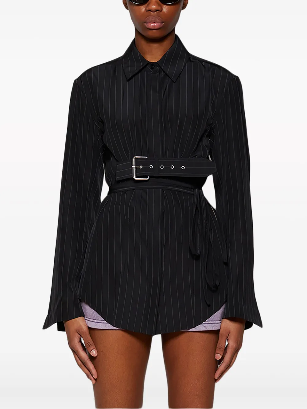 Shop Alexander Wang Belted Pinstripe Shirt In Black