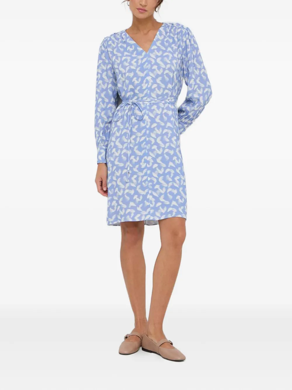 BOSS V-neck feather-print mini dress - Blauw