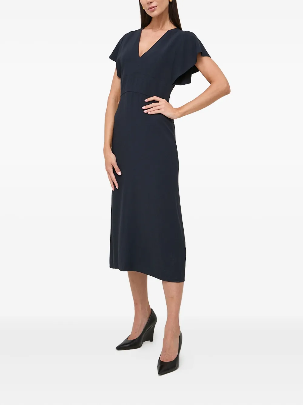 Hugo Boss Flutter-sleeve V-neck Midi Dress In Blue