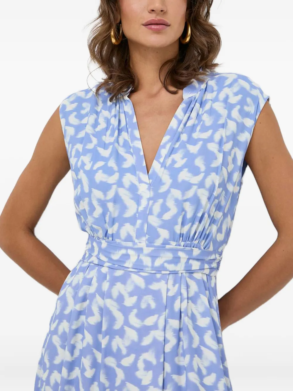 Hugo Boss V-neck Feather-print Midi Dress In Blue