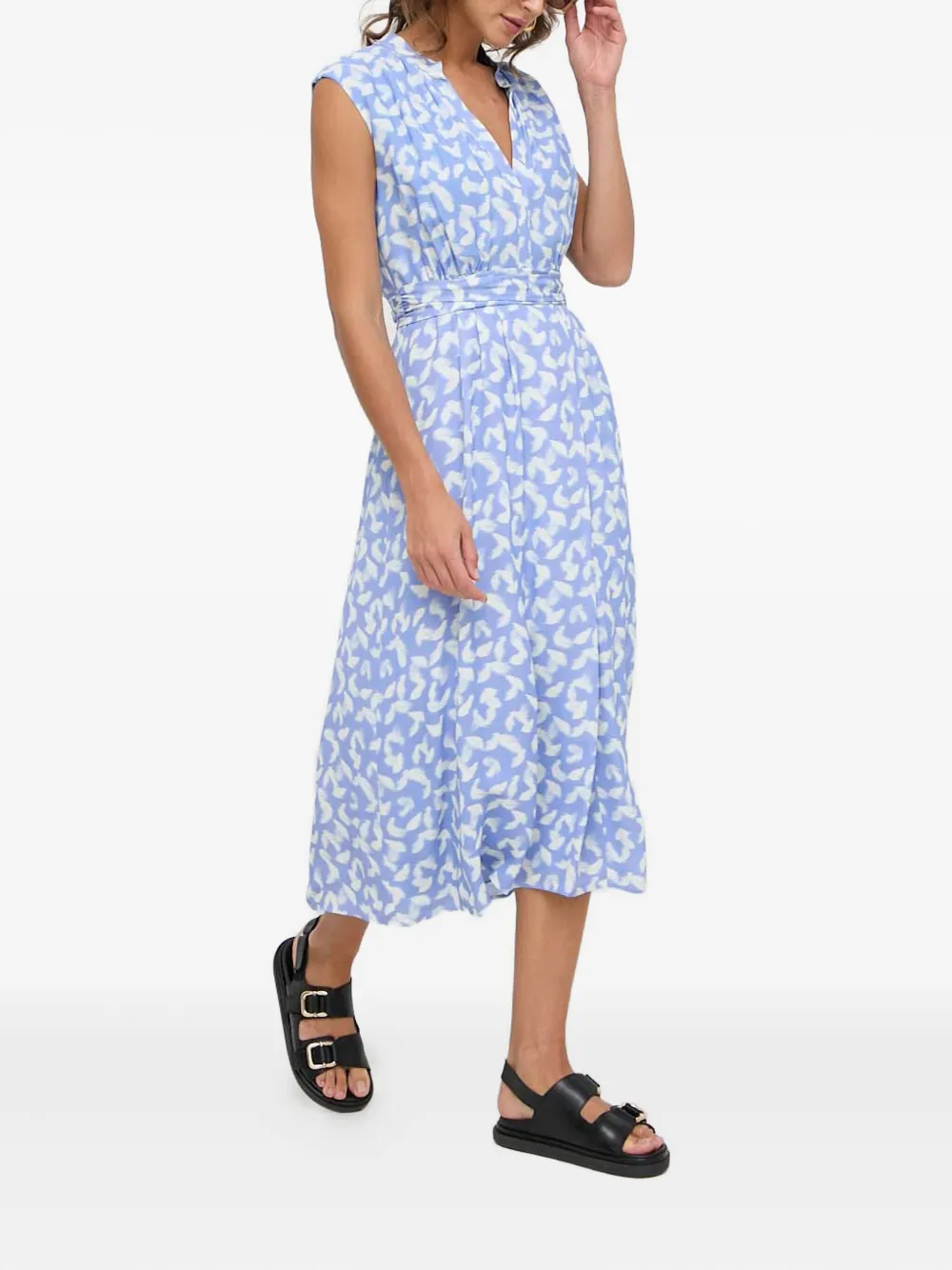 BOSS V-neck feather-print midi dress - Blauw