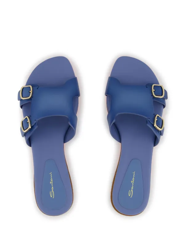 【SANTONI】メンズ ブルー レザー ダブルバックル サンダル サントーニ23年春夏の新作スライドサンダル、上質レザー×ダブル