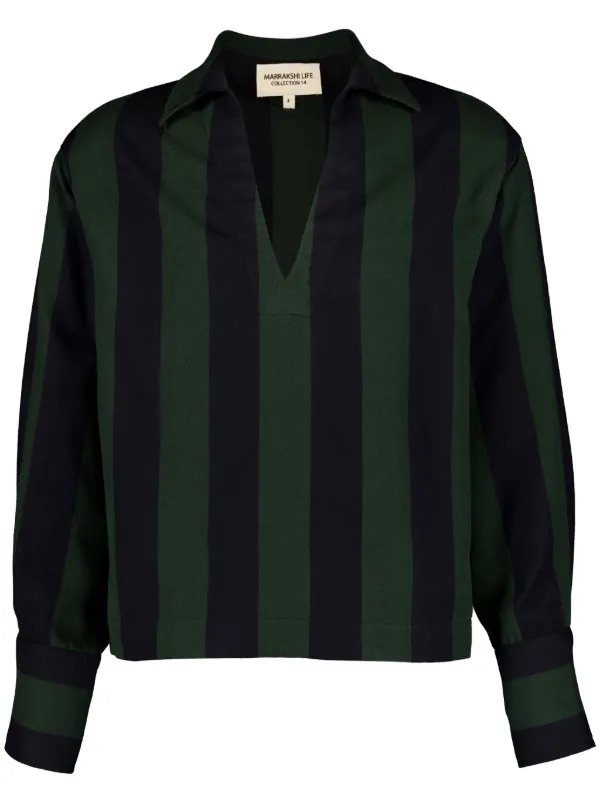 Marrakshi Life V-neck Striped Blouse in Green