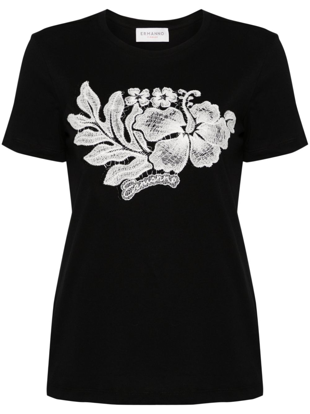 Ermanno Firenze Floral-embroidered Cotton T-shirt In Black