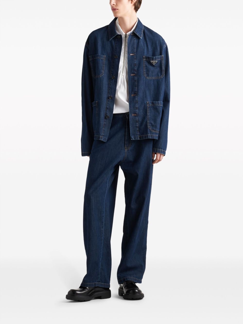 Shop Prada High-rise Enamel-logo Wide-leg Jeans In Blue