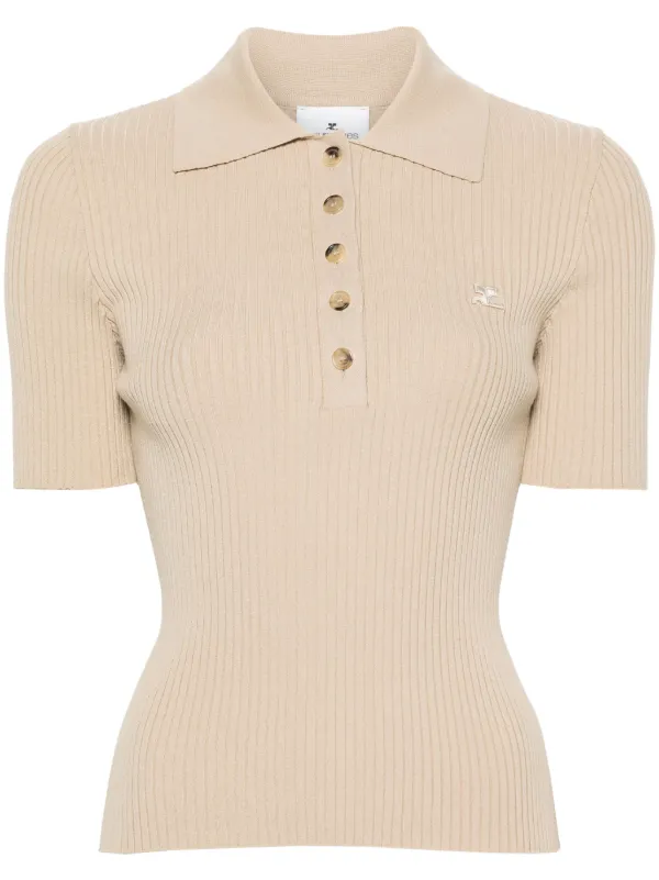 Courrèges Logo-patch Ribbed Polo Top in Neutrals