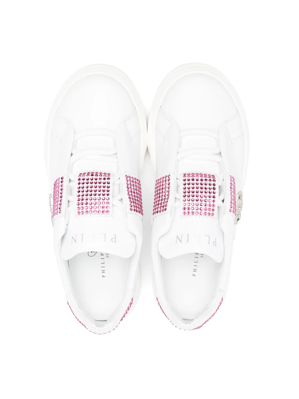 Philipp Plein Junior Crystal-embellished Leather Sneakers In 白色