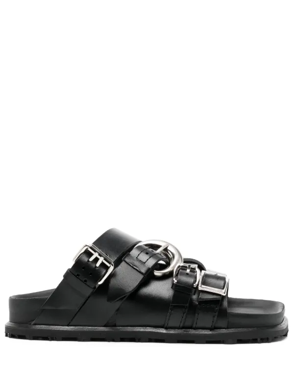 【MARINE SERRE】レザー バックル スライド サンダル Marine Serre バックル レザーサンダル | ブラック | FARFETCH JP