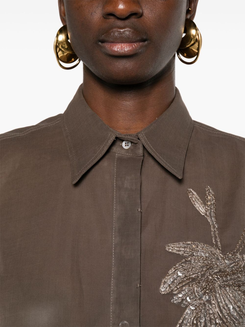 Shop Brunello Cucinelli Motif-embroidered Semi-sheer Shirt In Brown