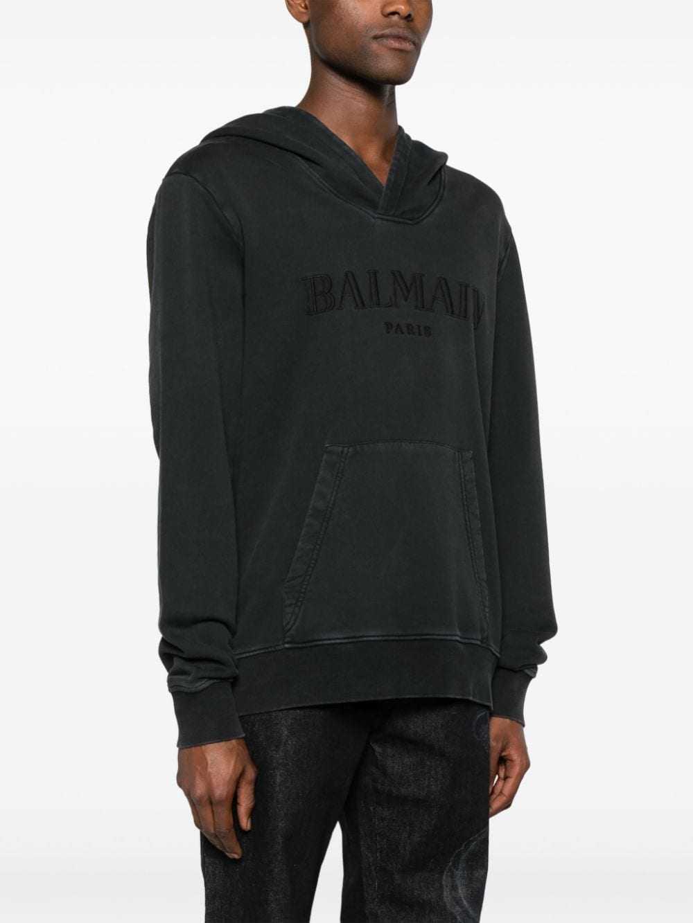 Shop Balmain Logo-embroidered Cotton Hoodie In Grey