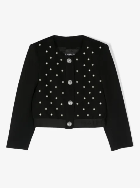 Balmain Kids faux-pearl embellished bomber jacket