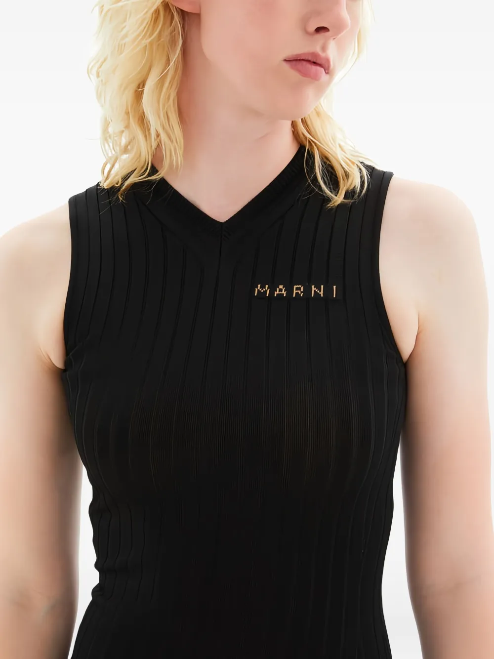 Marni Embroidered Ribbed-knit Midi Dress In Black